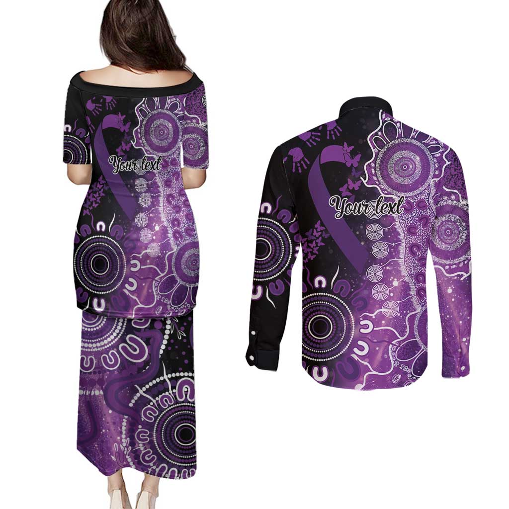 Domestic Violence Awareness Personalised Couples Matching Puletasi and Long Sleeve Button Shirt Aboriginal Ribbon Dot Painting