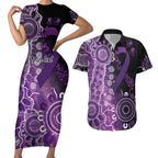 Domestic Violence Awareness Personalised Couples Matching Short Sleeve Bodycon Dress and Hawaiian Shirt Aboriginal Ribbon Dot Painting