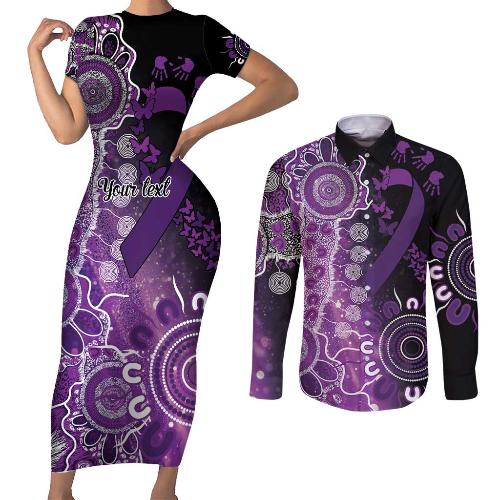 Domestic Violence Awareness Personalised Couples Matching Short Sleeve Bodycon Dress and Long Sleeve Button Shirt Aboriginal Ribbon Dot Painting