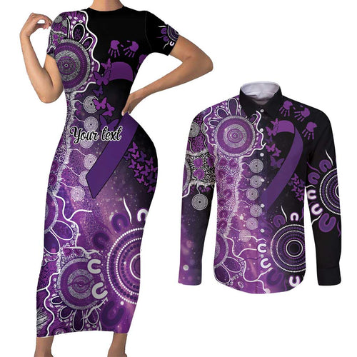 Domestic Violence Awareness Personalised Couples Matching Short Sleeve Bodycon Dress and Long Sleeve Button Shirt Aboriginal Ribbon Dot Painting