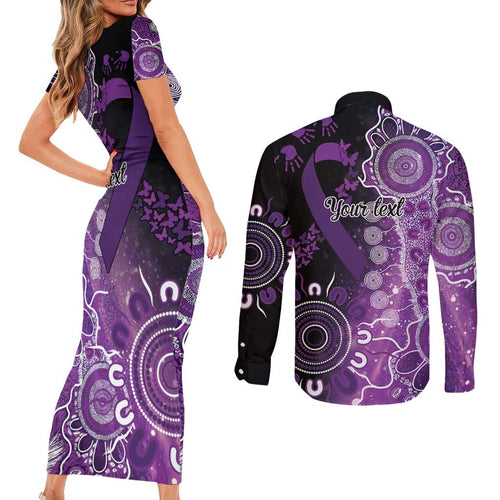 Domestic Violence Awareness Personalised Couples Matching Short Sleeve Bodycon Dress and Long Sleeve Button Shirt Aboriginal Ribbon Dot Painting