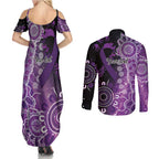 Domestic Violence Awareness Personalised Couples Matching Summer Maxi Dress and Long Sleeve Button Shirt Aboriginal Ribbon Dot Painting