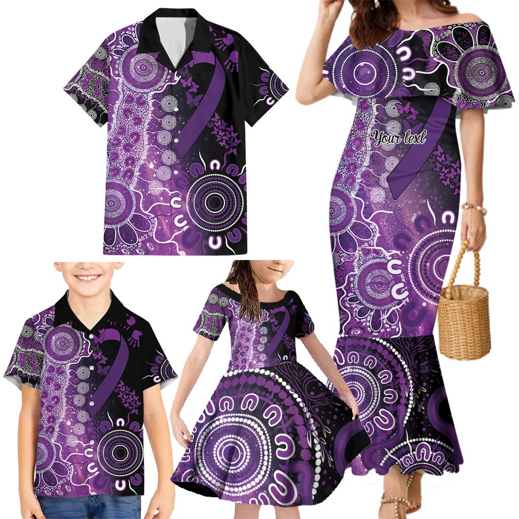 Domestic Violence Awareness Personalised Family Matching Mermaid Dress and Hawaiian Shirt Aboriginal Ribbon Dot Painting