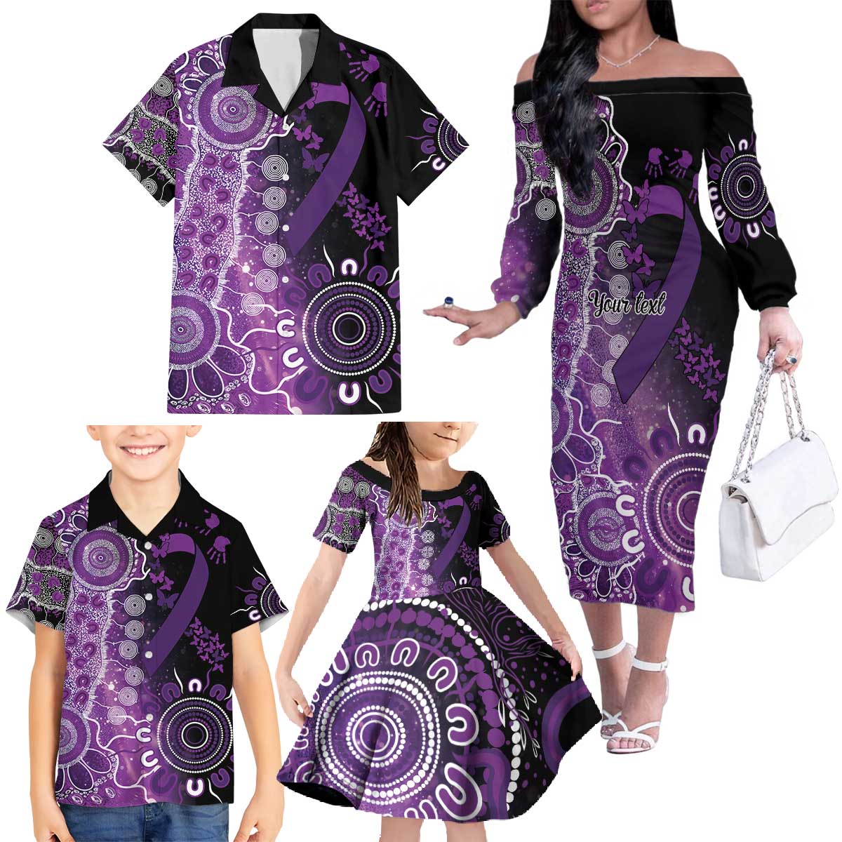 Domestic Violence Awareness Personalised Family Matching Off The Shoulder Long Sleeve Dress and Hawaiian Shirt Aboriginal Ribbon Dot Painting