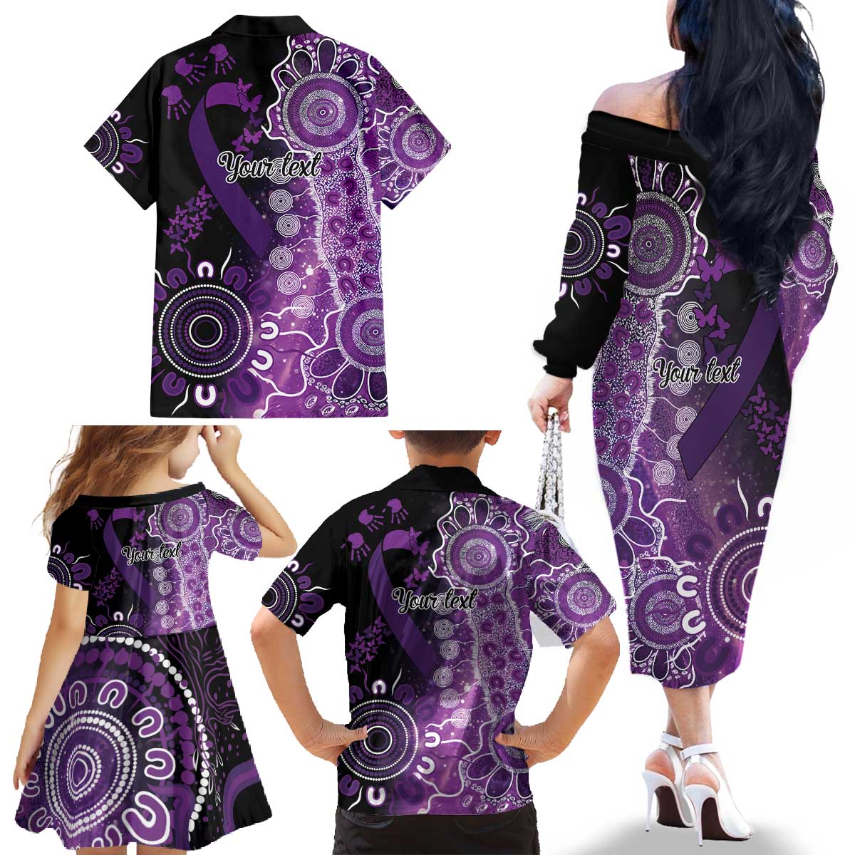 Domestic Violence Awareness Personalised Family Matching Off The Shoulder Long Sleeve Dress and Hawaiian Shirt Aboriginal Ribbon Dot Painting