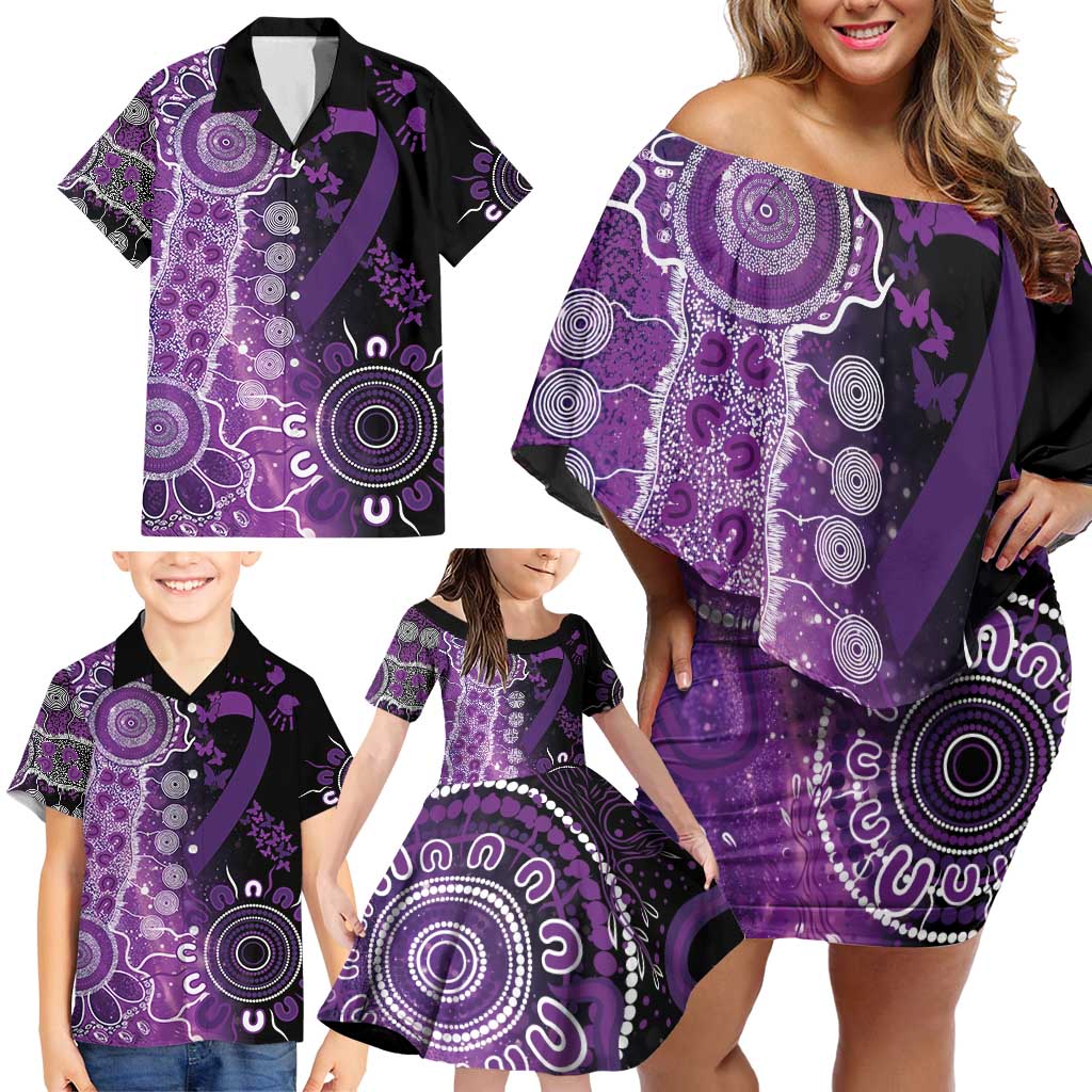 Domestic Violence Awareness Personalised Family Matching Off Shoulder Short Dress and Hawaiian Shirt Aboriginal Ribbon Dot Painting