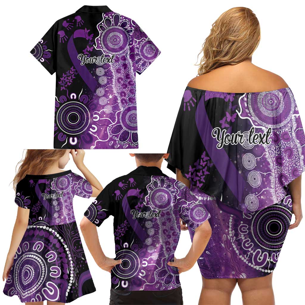 Domestic Violence Awareness Personalised Family Matching Off Shoulder Short Dress and Hawaiian Shirt Aboriginal Ribbon Dot Painting