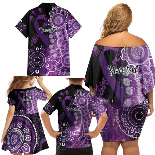 Domestic Violence Awareness Personalised Family Matching Off Shoulder Short Dress and Hawaiian Shirt Aboriginal Ribbon Dot Painting