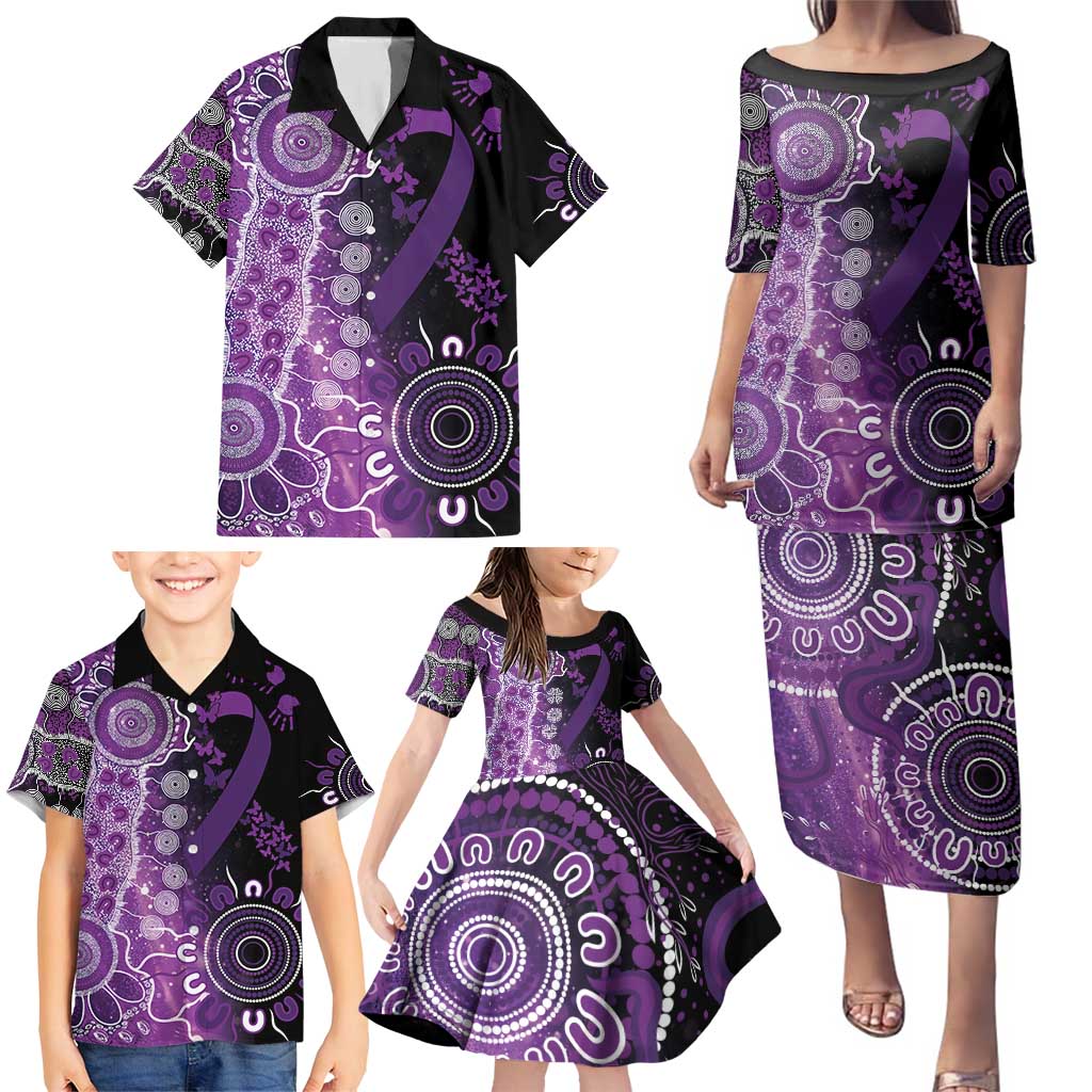 Domestic Violence Awareness Personalised Family Matching Puletasi and Hawaiian Shirt Aboriginal Ribbon Dot Painting