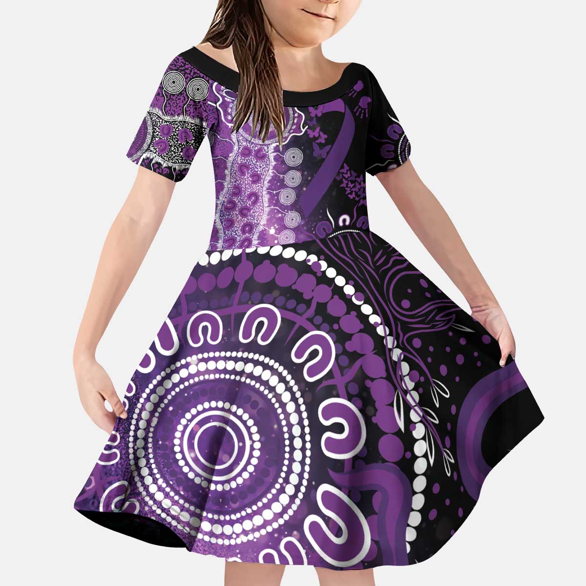 Domestic Violence Awareness Personalised Kid Short Sleeve Dress Aboriginal Ribbon Dot Painting