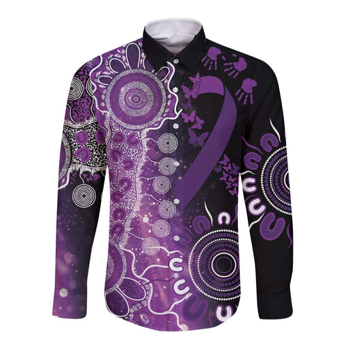 Domestic Violence Awareness Personalised Long Sleeve Button Shirt Aboriginal Ribbon Dot Painting