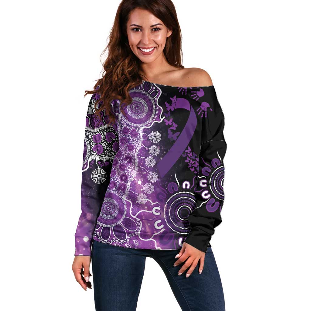 Domestic Violence Awareness Personalised Off Shoulder Sweater Aboriginal Ribbon Dot Painting