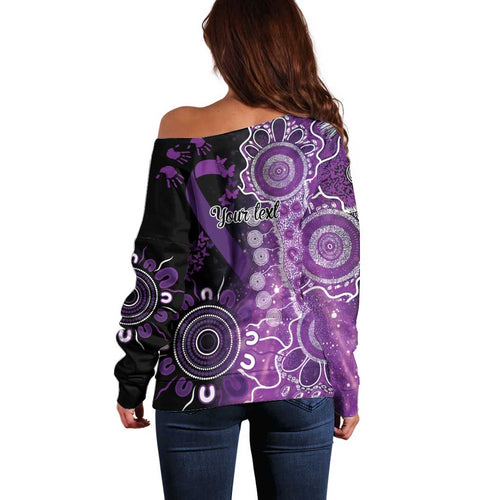 Domestic Violence Awareness Personalised Off Shoulder Sweater Aboriginal Ribbon Dot Painting