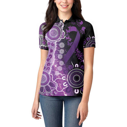 Domestic Violence Awareness Personalised Women Polo Shirt Aboriginal Ribbon Dot Painting