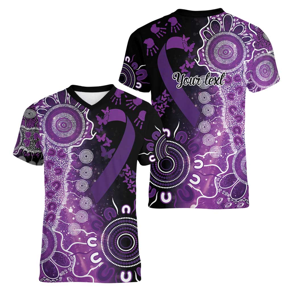 Domestic Violence Awareness Personalised Women V-Neck T-Shirt Aboriginal Ribbon Dot Painting