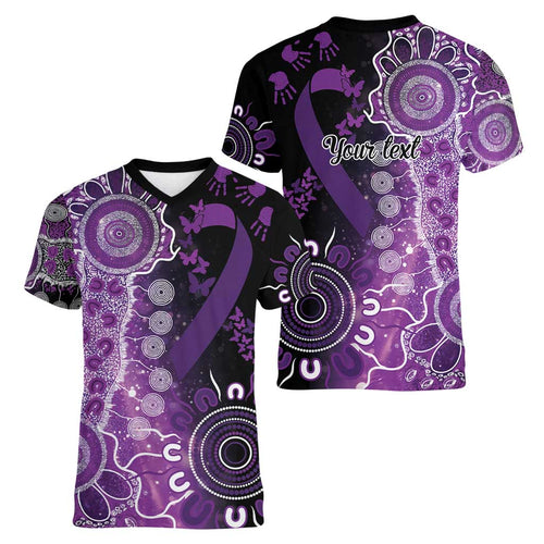 Domestic Violence Awareness Personalised Women V-Neck T-Shirt Aboriginal Ribbon Dot Painting