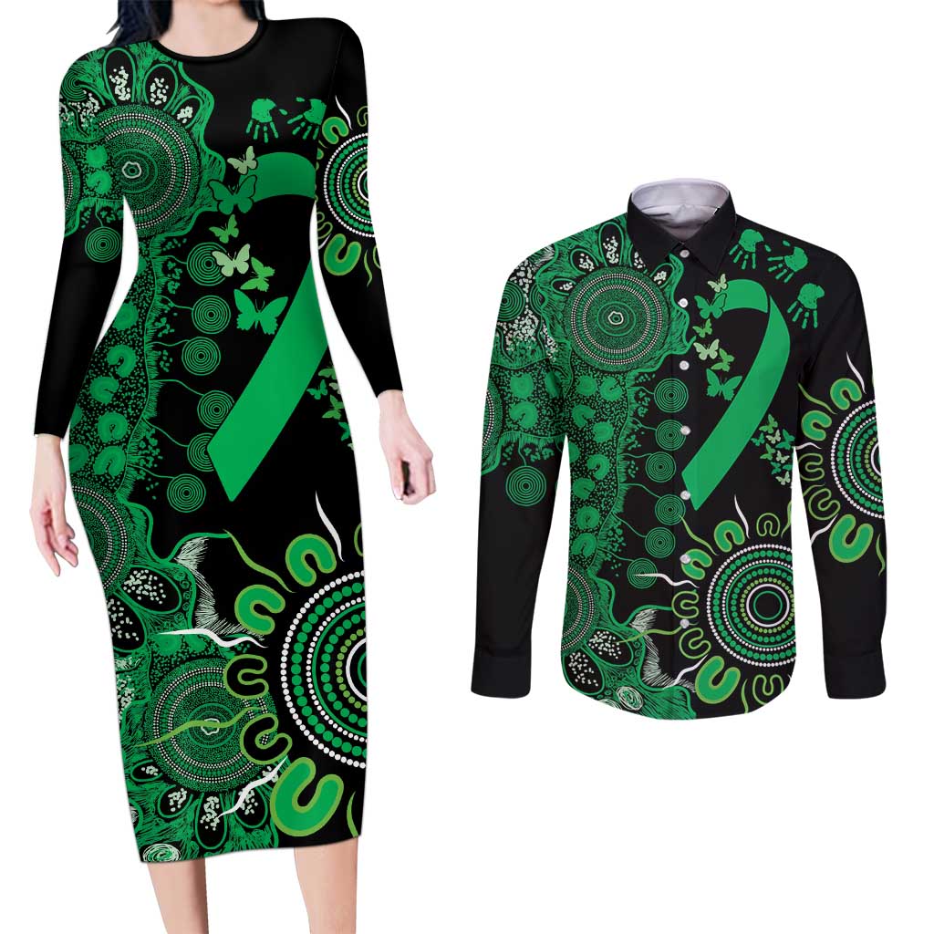 Minority Mental Health Awareness Personalised Couples Matching Long Sleeve Bodycon Dress and Long Sleeve Button Shirt Aboriginal Ribbon Dot Painting