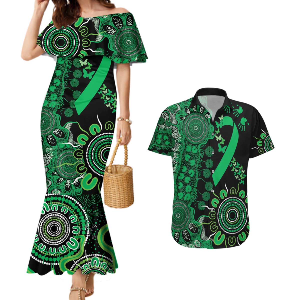 Minority Mental Health Awareness Personalised Couples Matching Mermaid Dress and Hawaiian Shirt Aboriginal Ribbon Dot Painting