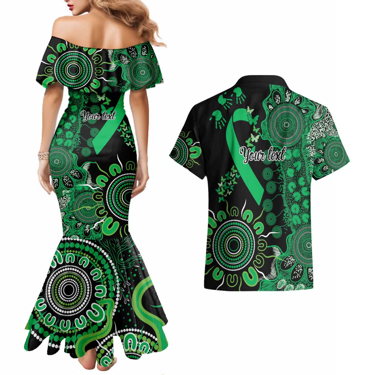 Minority Mental Health Awareness Personalised Couples Matching Mermaid Dress and Hawaiian Shirt Aboriginal Ribbon Dot Painting
