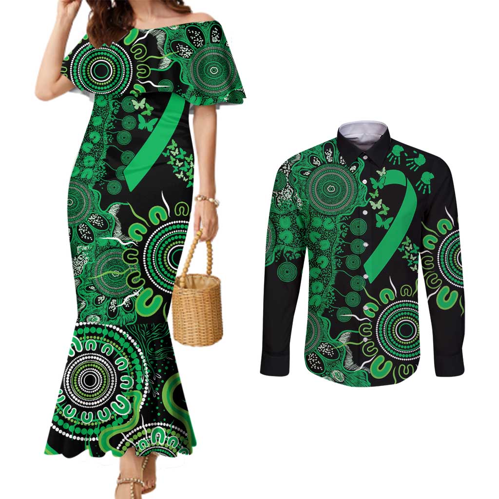Minority Mental Health Awareness Personalised Couples Matching Mermaid Dress and Long Sleeve Button Shirt Aboriginal Ribbon Dot Painting
