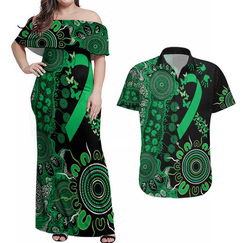 Minority Mental Health Awareness Personalised Couples Matching Off Shoulder Maxi Dress and Hawaiian Shirt Aboriginal Ribbon Dot Painting