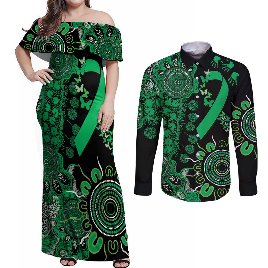 Minority Mental Health Awareness Personalised Couples Matching Off Shoulder Maxi Dress and Long Sleeve Button Shirt Aboriginal Ribbon Dot Painting