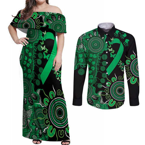 Minority Mental Health Awareness Personalised Couples Matching Off Shoulder Maxi Dress and Long Sleeve Button Shirt Aboriginal Ribbon Dot Painting