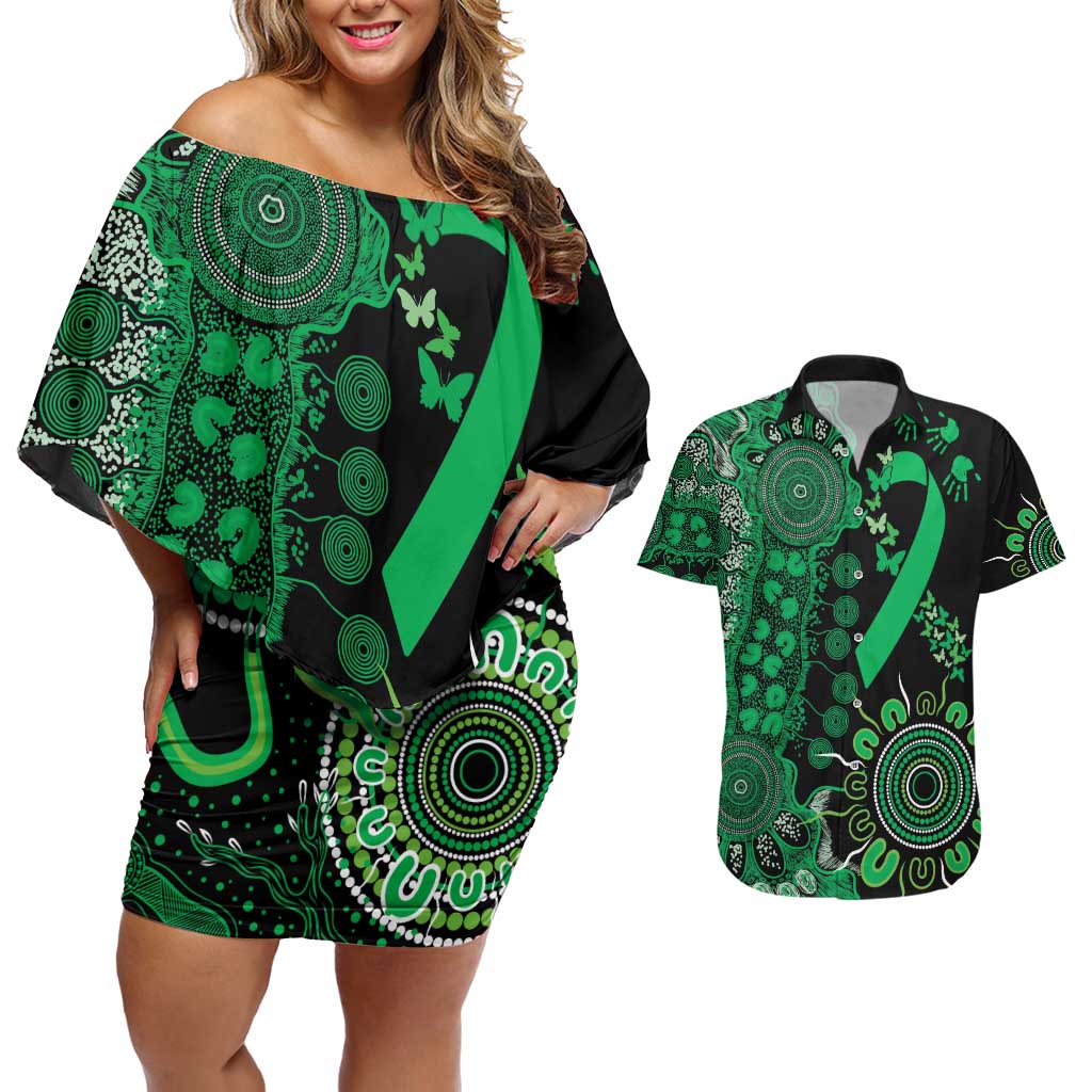 Minority Mental Health Awareness Personalised Couples Matching Off Shoulder Short Dress and Hawaiian Shirt Aboriginal Ribbon Dot Painting