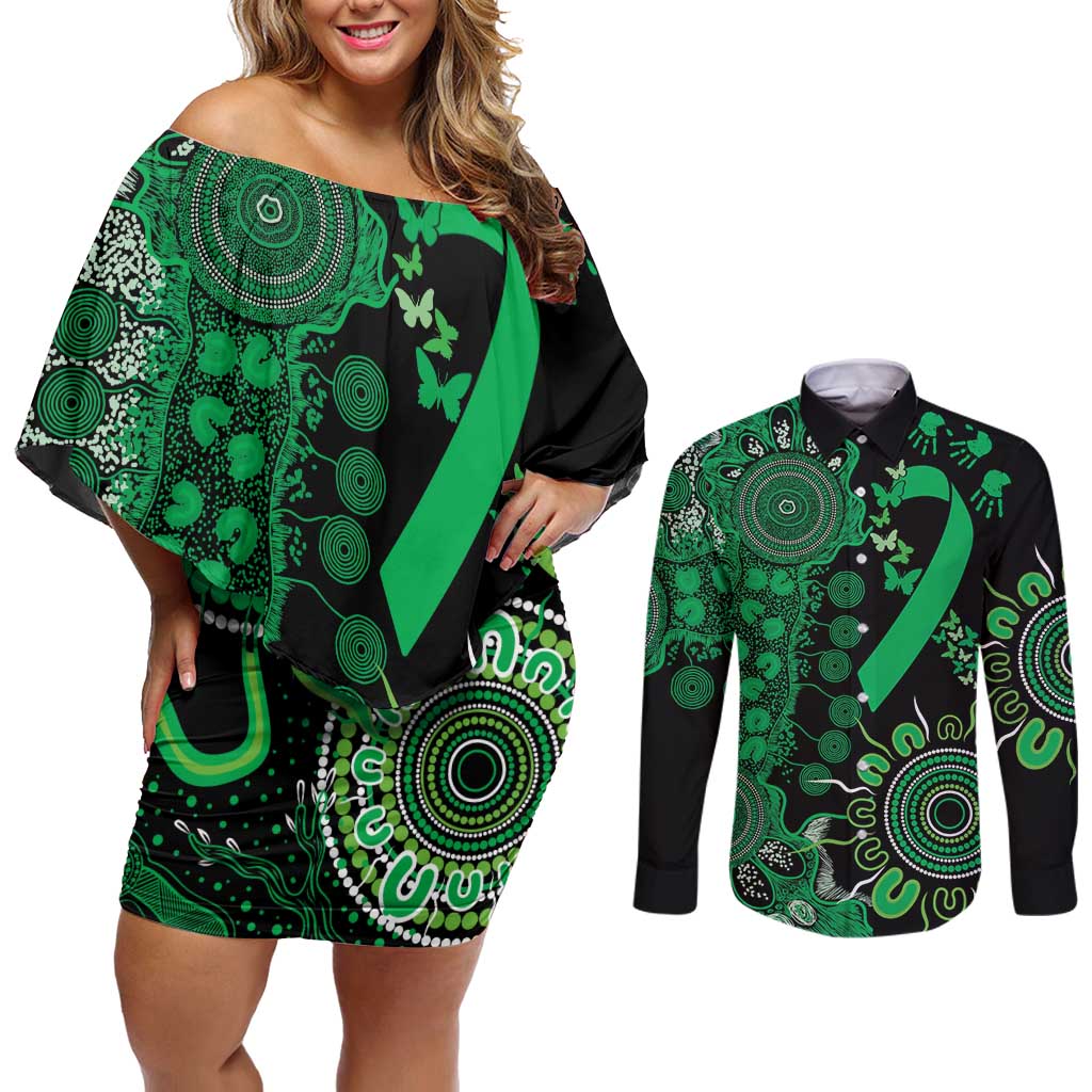 Minority Mental Health Awareness Personalised Couples Matching Off Shoulder Short Dress and Long Sleeve Button Shirt Aboriginal Ribbon Dot Painting
