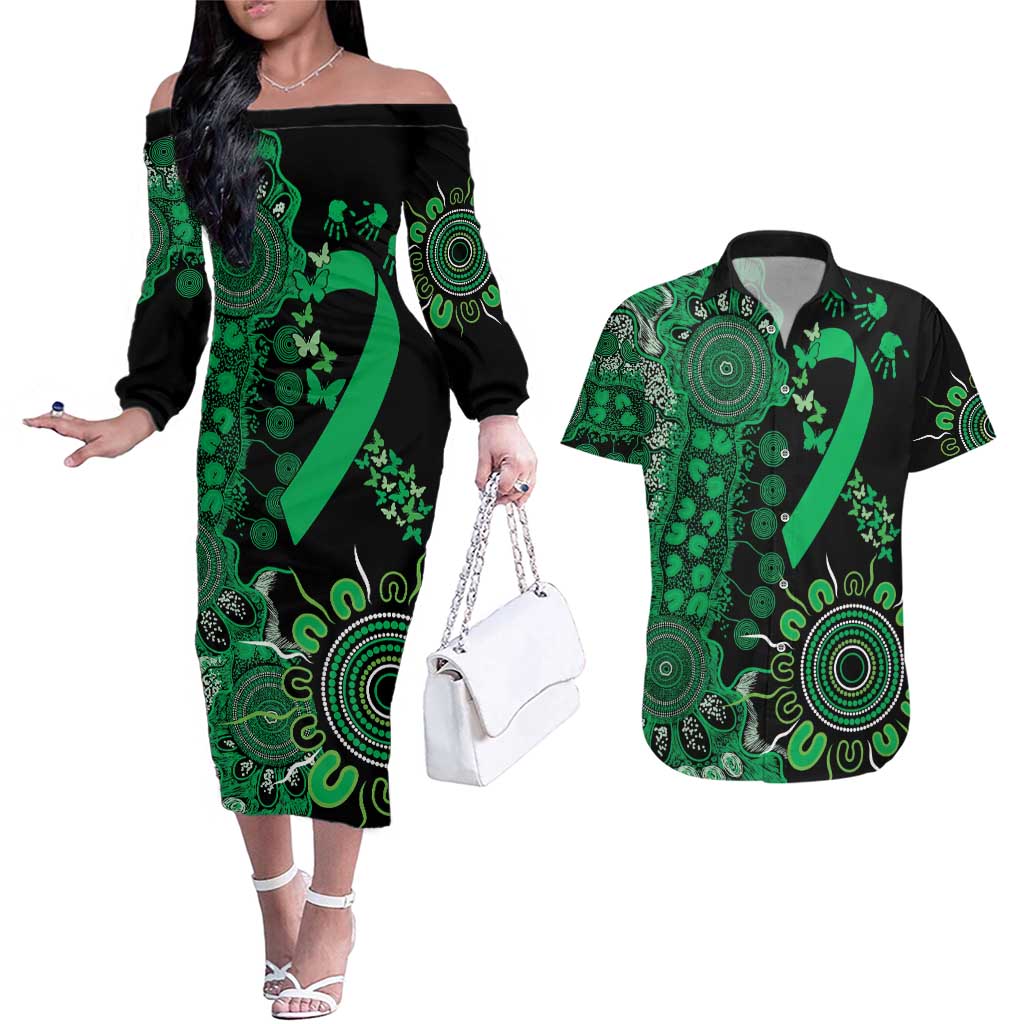 Minority Mental Health Awareness Personalised Couples Matching Off The Shoulder Long Sleeve Dress and Hawaiian Shirt Aboriginal Ribbon Dot Painting