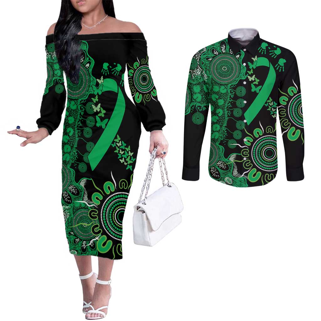 Minority Mental Health Awareness Personalised Couples Matching Off The Shoulder Long Sleeve Dress and Long Sleeve Button Shirt Aboriginal Ribbon Dot Painting