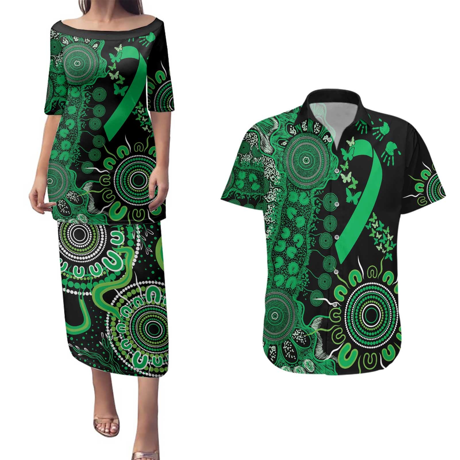 Minority Mental Health Awareness Personalised Couples Matching Puletasi and Hawaiian Shirt Aboriginal Ribbon Dot Painting