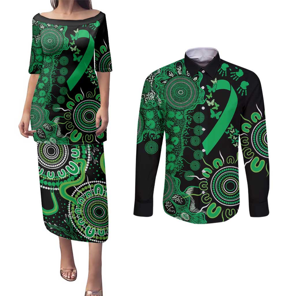 Minority Mental Health Awareness Personalised Couples Matching Puletasi and Long Sleeve Button Shirt Aboriginal Ribbon Dot Painting