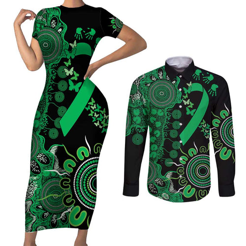 Minority Mental Health Awareness Personalised Couples Matching Short Sleeve Bodycon Dress and Long Sleeve Button Shirt Aboriginal Ribbon Dot Painting