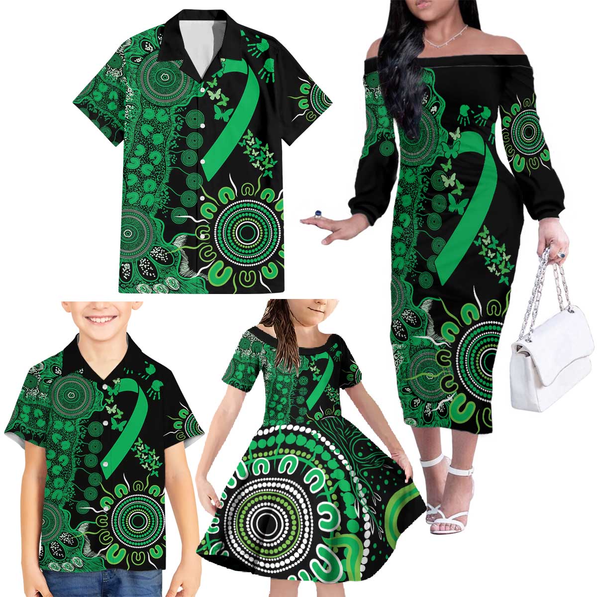 Minority Mental Health Awareness Personalised Family Matching Off The Shoulder Long Sleeve Dress and Hawaiian Shirt Aboriginal Ribbon Dot Painting