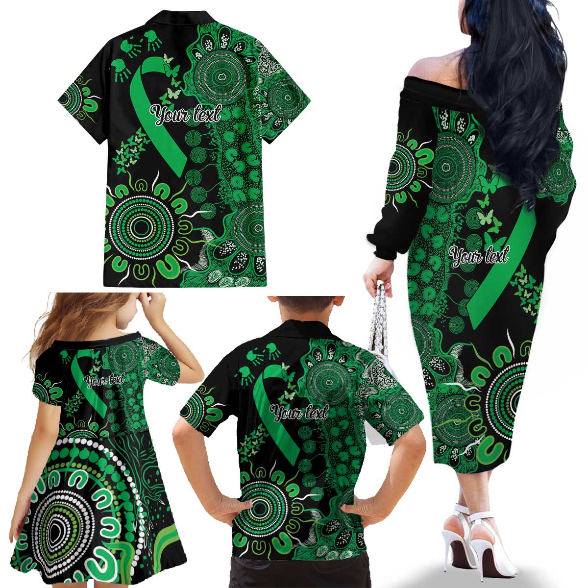 Minority Mental Health Awareness Personalised Family Matching Off The Shoulder Long Sleeve Dress and Hawaiian Shirt Aboriginal Ribbon Dot Painting