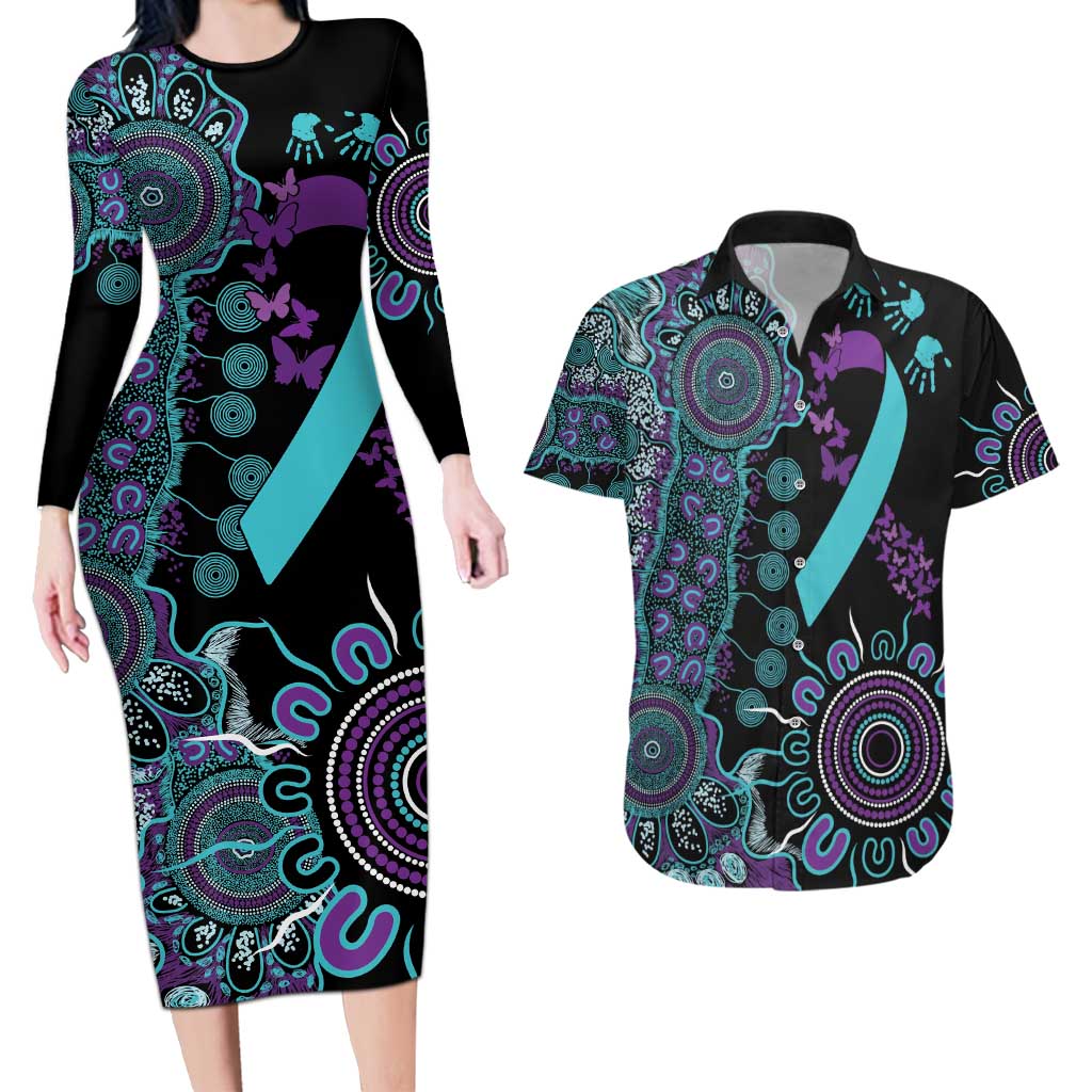 National Suicide Prevention Couples Matching Long Sleeve Bodycon Dress and Hawaiian Shirt Aboriginal Ribbon Dot Painting