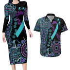 National Suicide Prevention Couples Matching Long Sleeve Bodycon Dress and Hawaiian Shirt Aboriginal Ribbon Dot Painting