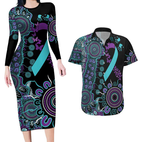 National Suicide Prevention Couples Matching Long Sleeve Bodycon Dress and Hawaiian Shirt Aboriginal Ribbon Dot Painting