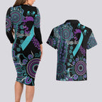 National Suicide Prevention Couples Matching Long Sleeve Bodycon Dress and Hawaiian Shirt Aboriginal Ribbon Dot Painting