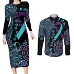 National Suicide Prevention Couples Matching Long Sleeve Bodycon Dress and Long Sleeve Button Shirt Aboriginal Ribbon Dot Painting