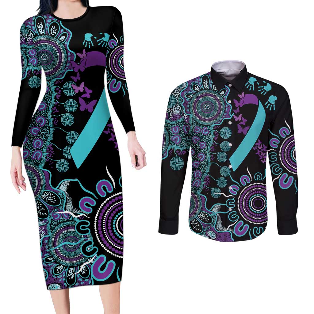 National Suicide Prevention Couples Matching Long Sleeve Bodycon Dress and Long Sleeve Button Shirt Aboriginal Ribbon Dot Painting