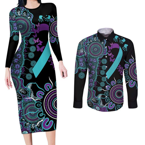 National Suicide Prevention Couples Matching Long Sleeve Bodycon Dress and Long Sleeve Button Shirt Aboriginal Ribbon Dot Painting