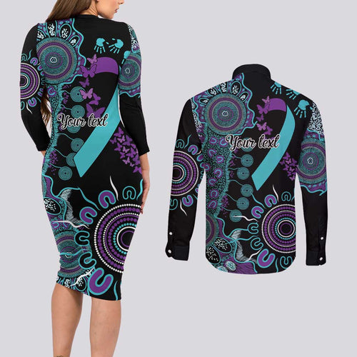 National Suicide Prevention Couples Matching Long Sleeve Bodycon Dress and Long Sleeve Button Shirt Aboriginal Ribbon Dot Painting