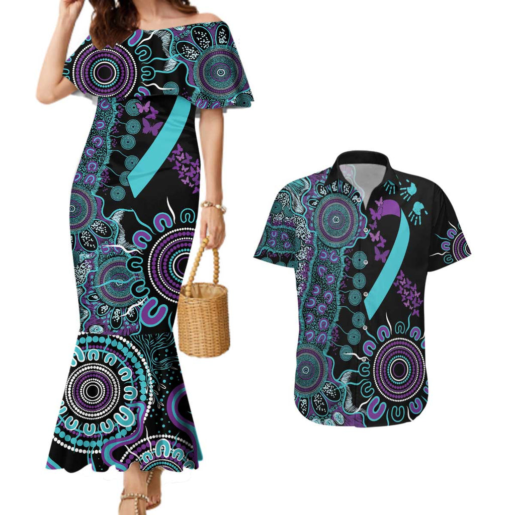 National Suicide Prevention Couples Matching Mermaid Dress and Hawaiian Shirt Aboriginal Ribbon Dot Painting