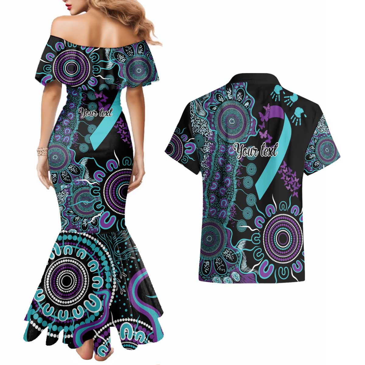 National Suicide Prevention Couples Matching Mermaid Dress and Hawaiian Shirt Aboriginal Ribbon Dot Painting