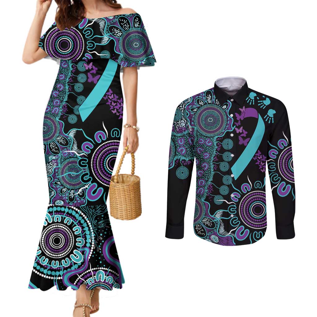National Suicide Prevention Couples Matching Mermaid Dress and Long Sleeve Button Shirt Aboriginal Ribbon Dot Painting