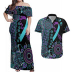 National Suicide Prevention Couples Matching Off Shoulder Maxi Dress and Hawaiian Shirt Aboriginal Ribbon Dot Painting
