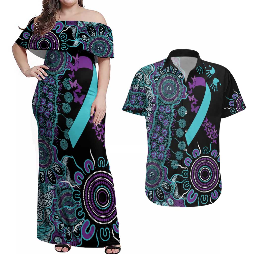 National Suicide Prevention Couples Matching Off Shoulder Maxi Dress and Hawaiian Shirt Aboriginal Ribbon Dot Painting
