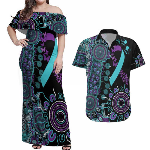 National Suicide Prevention Couples Matching Off Shoulder Maxi Dress and Hawaiian Shirt Aboriginal Ribbon Dot Painting
